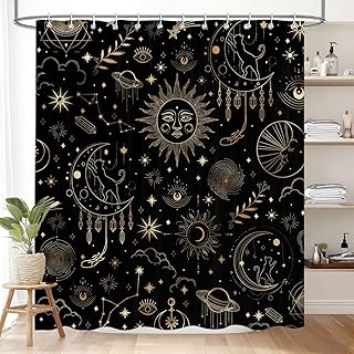 Black and Gold Witchy Shower Curtain, Sun and Moon Phase Stars Cat Celestial Bathroom Decor, Goth Mystical Zodiac Constellation Shower Curtains 72Wx72H with Hooks