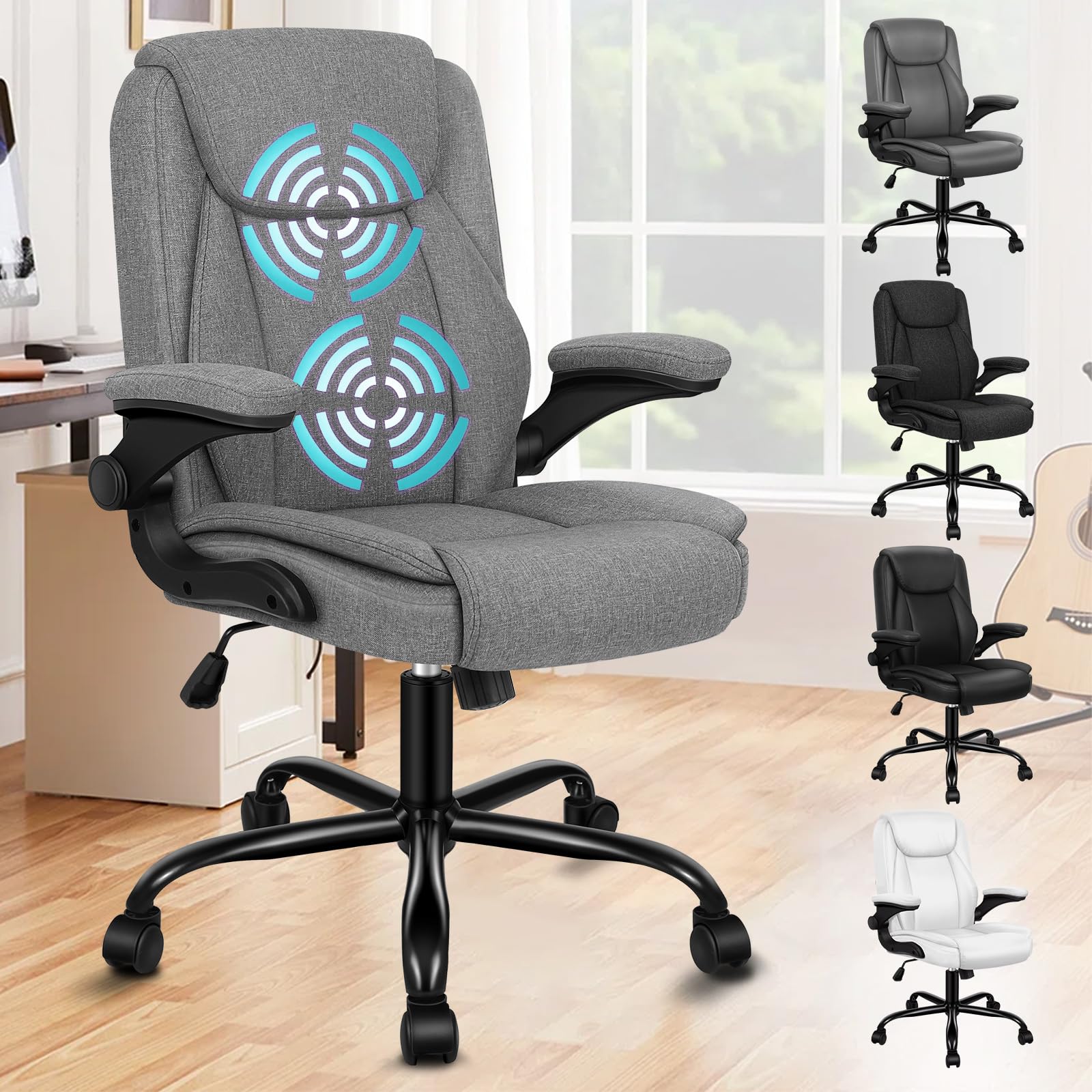 ALFORDSON Sedia da Ufficio Massaggiante Ergonomica, Sedia Scrivania con Schienale Medio & Braccioli Ribaltabili, Salvaspazio Sedia Girevole per Gaming e Ufficio Domestico, Ecopelle, Grigio