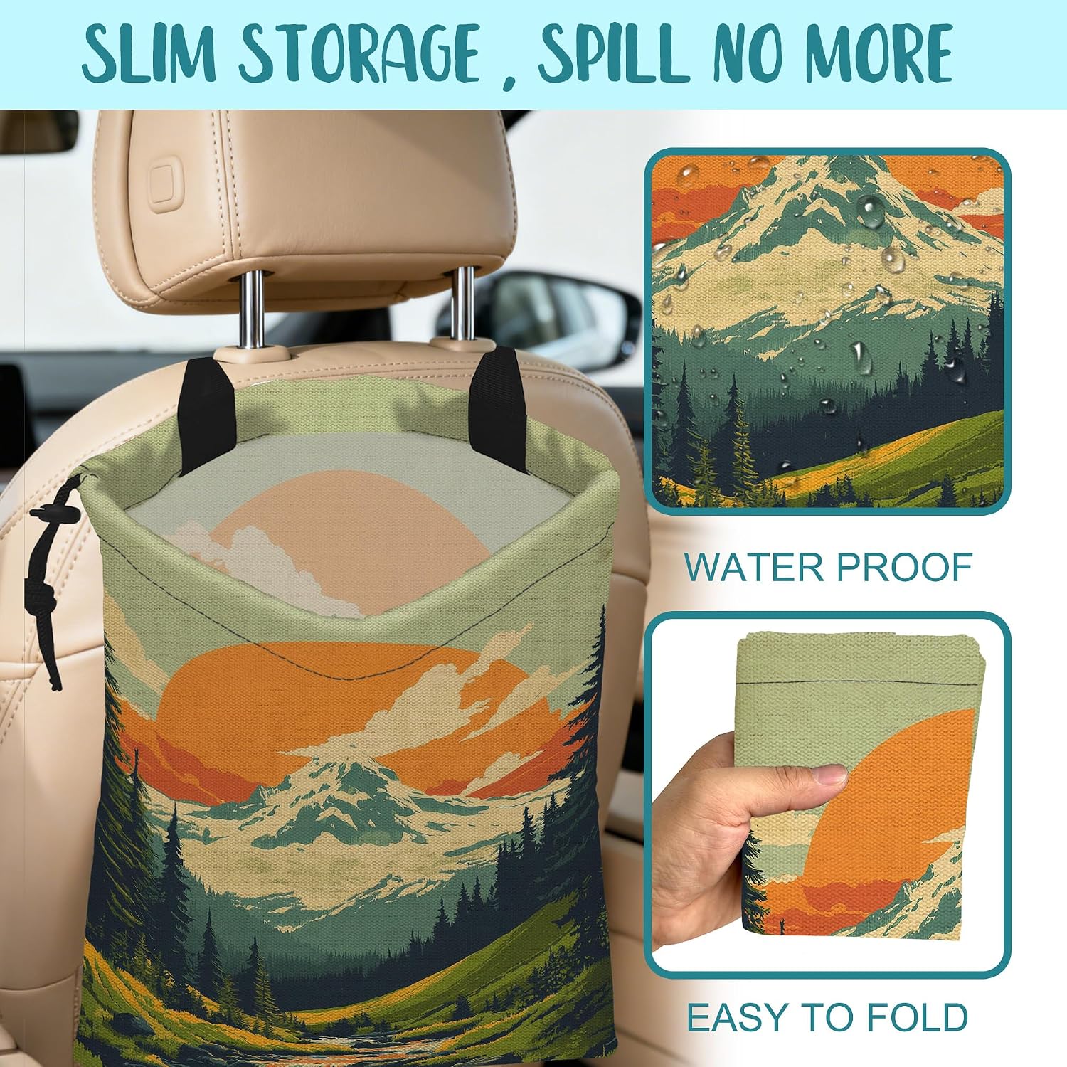 Car Garbage Bag Retro Orange Sun Mountain Hanging Canvas Car Trash Bag Drawstring Car Back Seat Organizer for Car Back Front Seat Console with Adjustable Buckle image 2