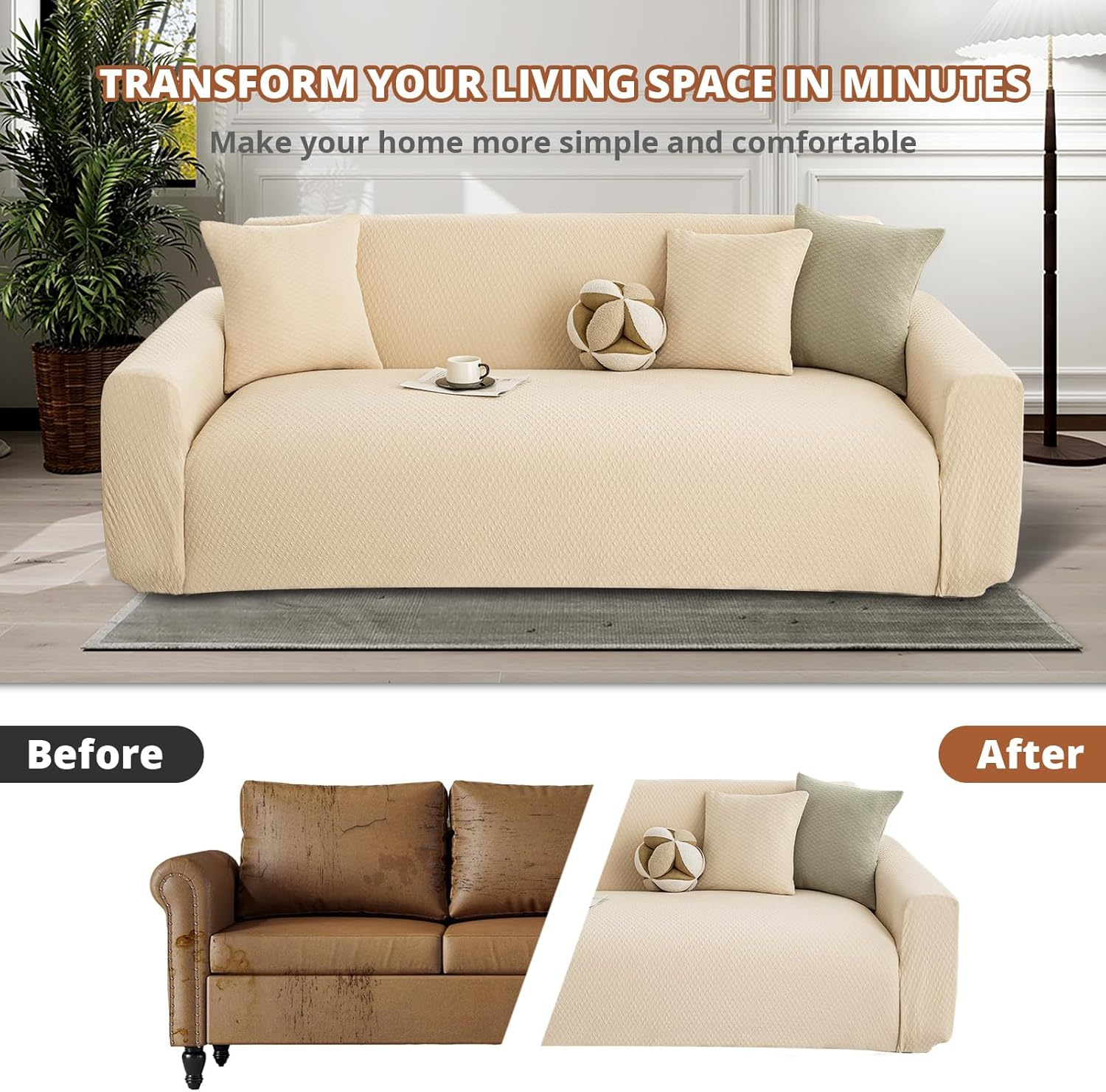 Stretch Couch Covers, Couch Covers for 3 Cushion Couch Sofa pet Friendly, Washable, Furniture Protector Sofa with Elastic Bottom for Cats, Dogs (Puff Grid - Apricot, 3 Seats)