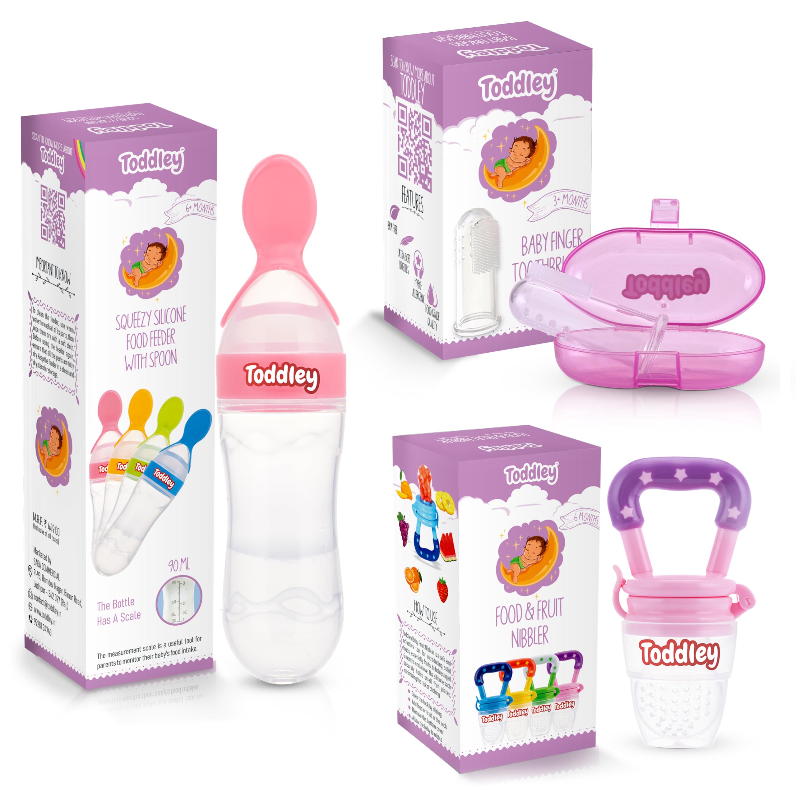 Toddley Silicone Food & Fruit Nibbler Pacifier 1 Pcs with 1 pcs Spoon Feeder and 1pcs Finger Brush for Infant Baby for 6+ Month Baby (3 Piece Combo Set) (Pink)