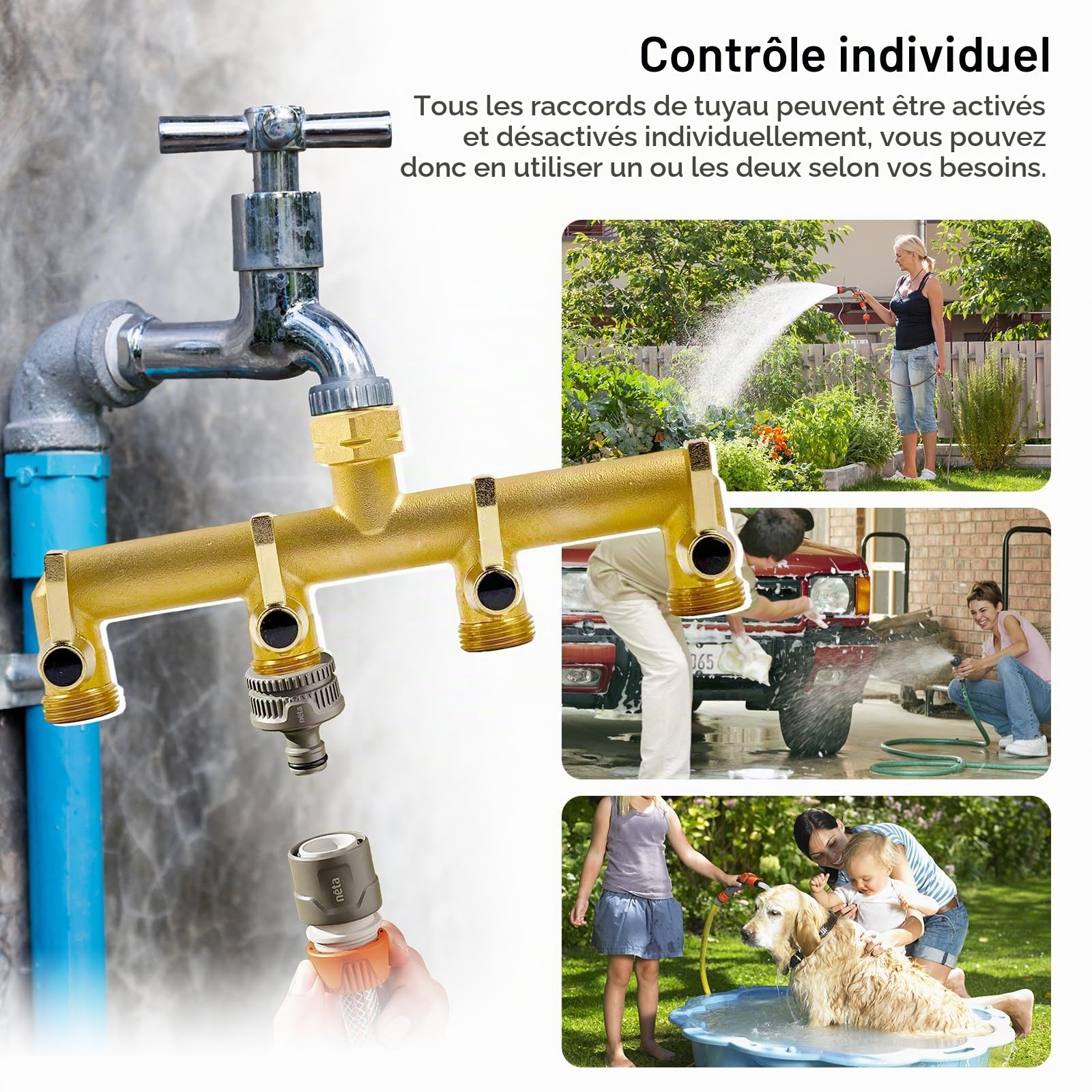 Répartiteur de Tuyau 4 Voies en Laiton Massif avec Vannes d'arrêt, Connecteur de Tuyau Séparateur de Buse Connecteurs de Robinet Confortable pour Le Jardin et La Vie à La Maison