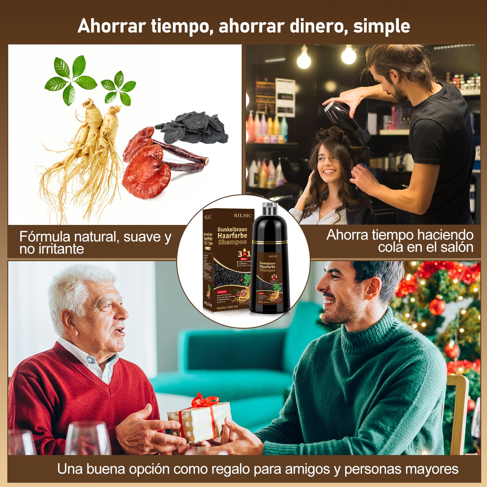 Champú Tinte Castaño Oscuro Cubre Canas, 500ML Hair Dye Shampoo 3 en 1, Champu Tinte Canas Mujer Hombre, Champú de Color Tinte Pelo, Pelo instantáneo, Cubre Canas En Minutos para Mujer Hombre