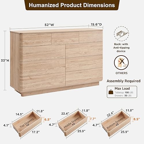 Miniatura 2 de ACCOHOHO Cómoda moderna de 9 cajones para dormitorio, cómodas de madera de 52" de ancho con gran almacenamiento, cajonera sin tiradores soporte de