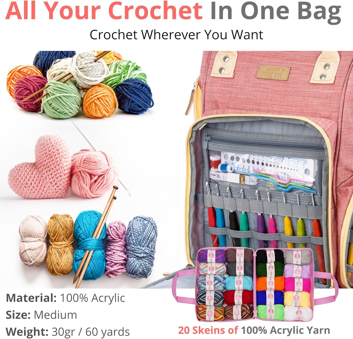 MODDA Crochet Kit for Beginners Adults and Kids - with Backpack and Video Course, Amigurumi and Crocheting Kit, Beginner Crochet Kit with Crochet Bag Backpack, Yarn, Hooks, Book, Crochet Starter Kit