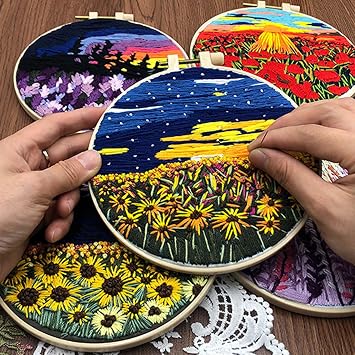 Allazone 2 Sets Embroidery Kit for Beginners, Stitch Practice Kits for Craft Lover Hand Stitch with Embroidery Fabric with Stamped Pattern, Starter Stitch Kits Suitable for Adults (Sunset)