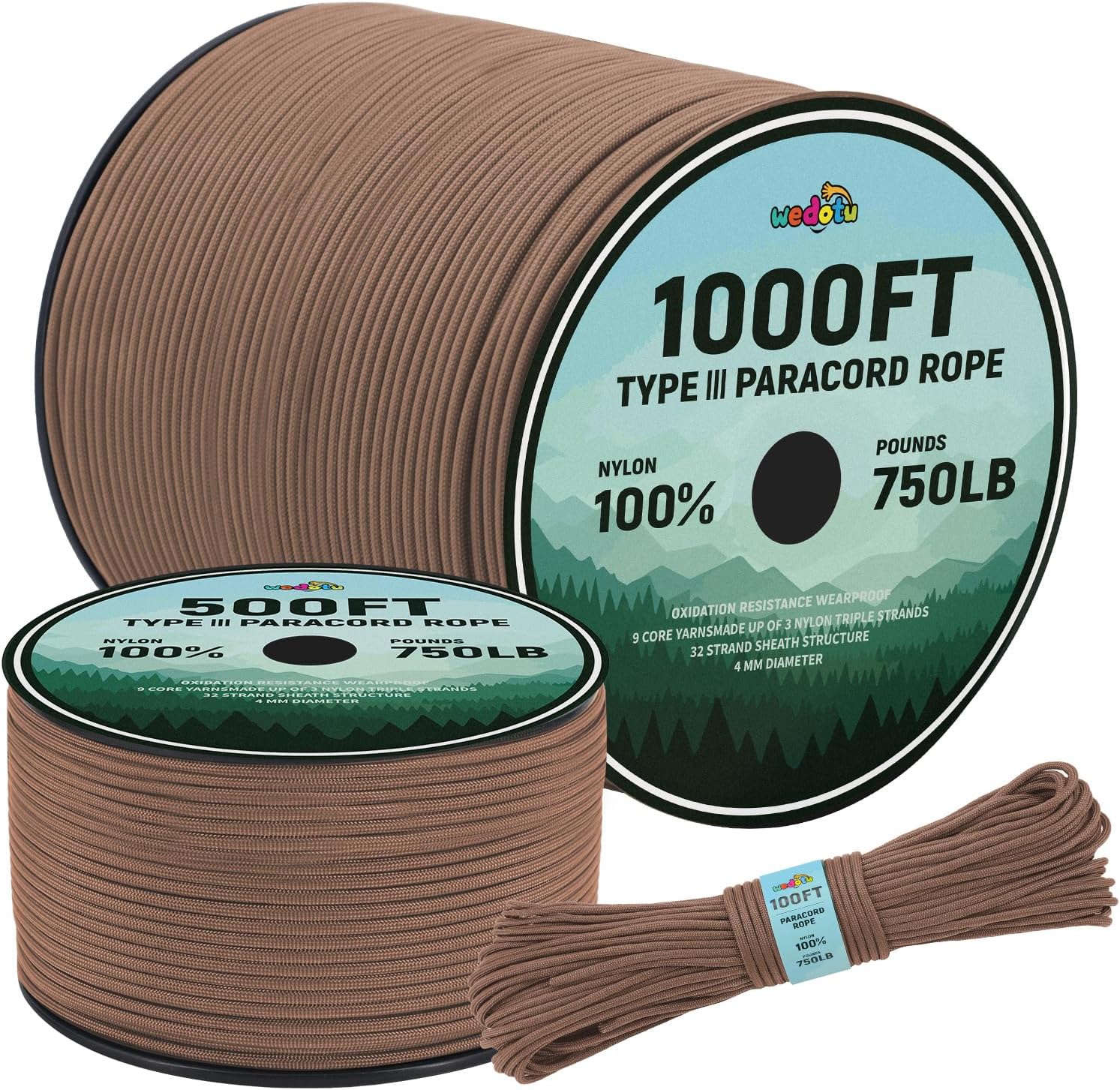 Wedotu-750LB Paracord Rope-100ft/500ft/1000ft-4MM-9 Strand Parachute Spool Cord Ideal for Military Nylon String, Camping,Survival Paracord Bracelet kit,DIY Projects,Hiking,Fishing-Black-1000ft