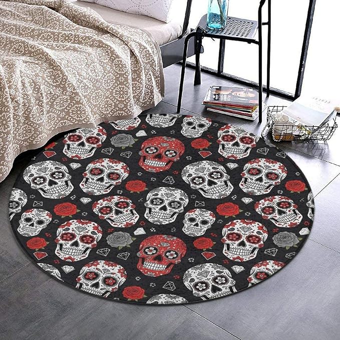 Non-Slip Circle Area Rug for Bathroom, Fashion Indoor Floor Mat for Dining Room Stain Resistant Round Mat 3ft, Mexican Day Dead Rose Sugar Skull
