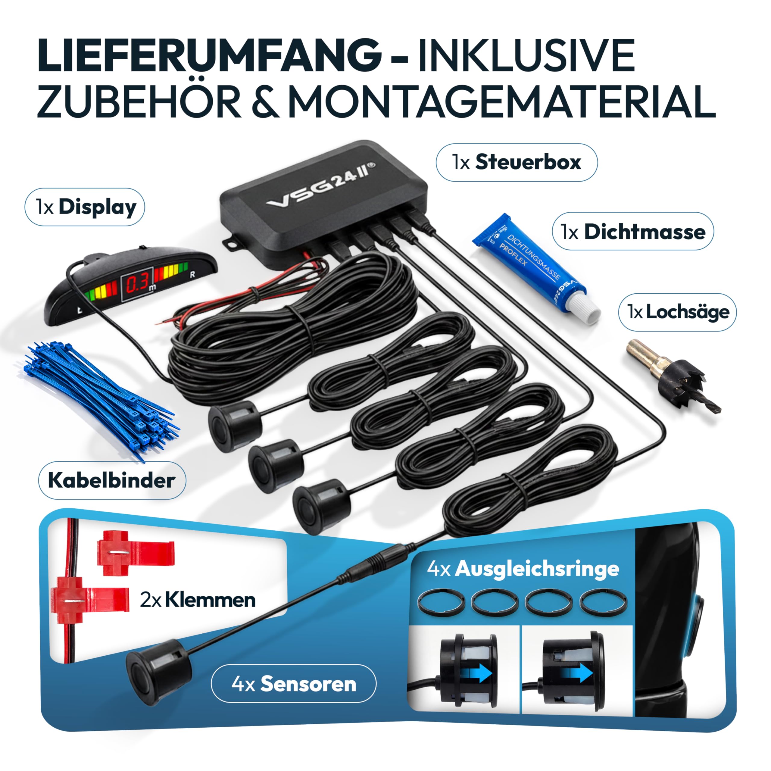 VSG24 Einparkhilfe Set hinten mit Display und 4 Sensoren – robuste PDC Parkhilfe für Auto, SUV & Transporter – optischer & akustischer Rückfahrwarner, 30–150 cm Reichweite – 12V Nachrüstsystem