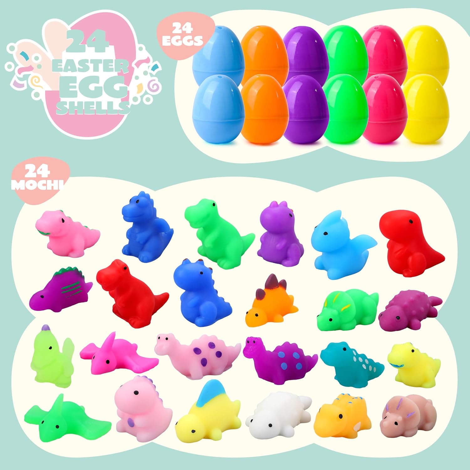 JOYIN 24 Pcs Easter Prefilled Eggs with Mochi Squishy Toys, Dinosaur Stress Reliever Squishy Toy for Easter Theme Egg Hunt, Kids Party Favor, Basket Stuffers Filler, Classroom Prize Supplies - Image 2