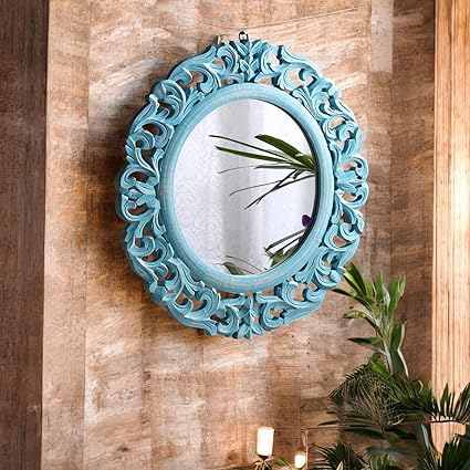 THE URBAN STORE Decorative Hand Crafted Wooden Round Shape Vanity Wall Mirror Glass for Living Room, Bathroom, Bedroom (20