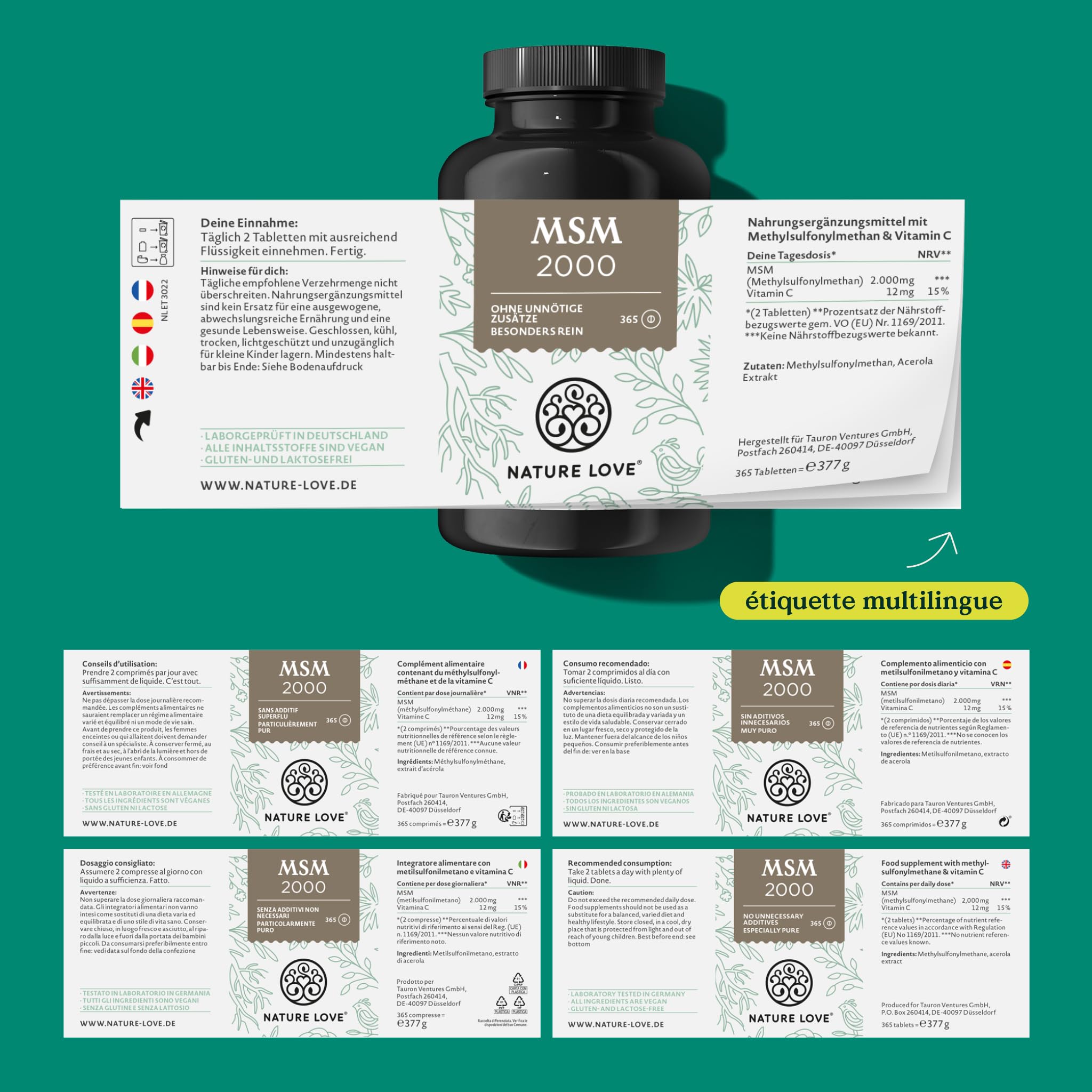 NATURE LOVE® MSM 2000mg avec vitamine C - 365 comprimés testés en laboratoire - poudre de MSM plus compacte qu’avec des gélules - sans additifs, hautement dosé, végane, produit en Allemagne