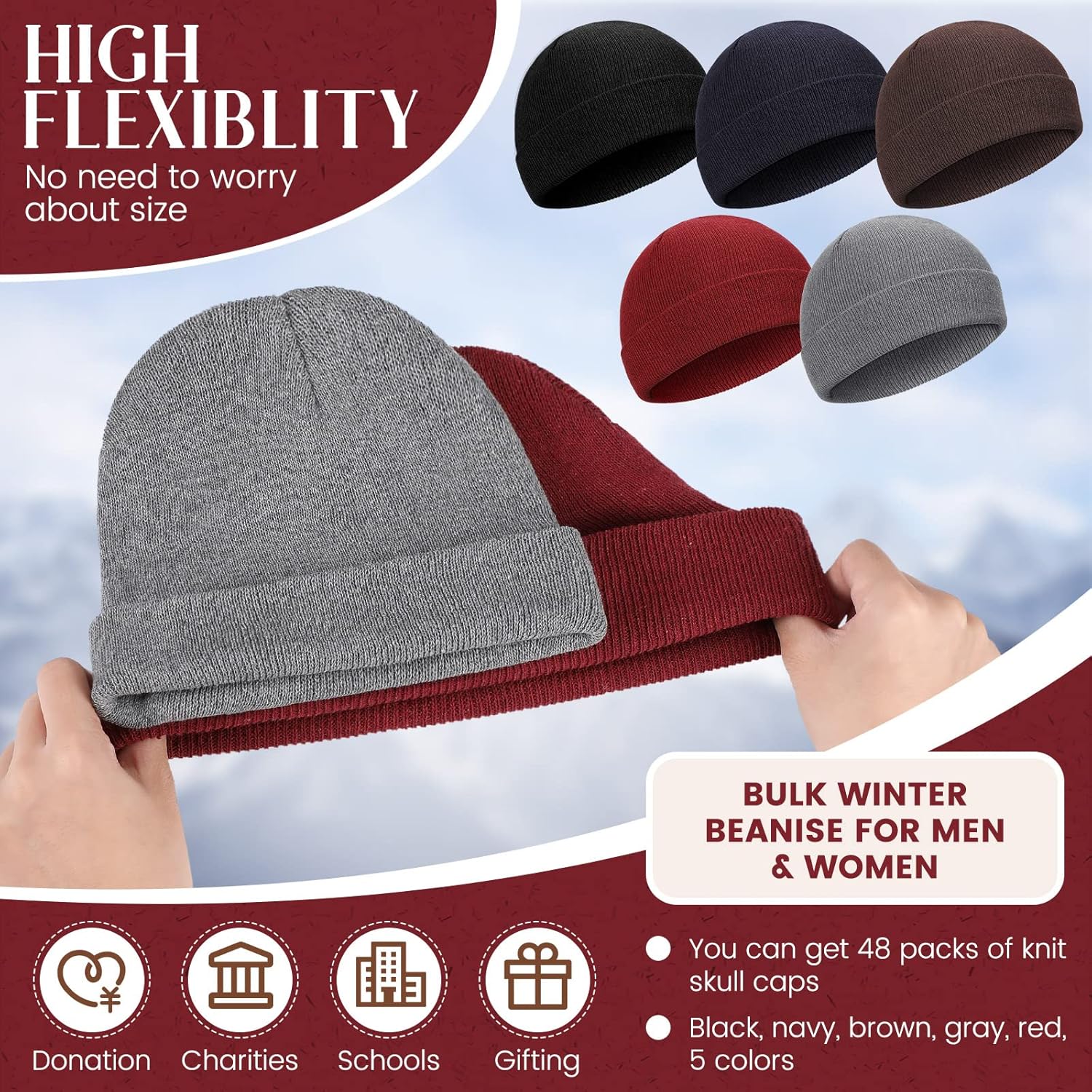 Tarpop 48 Pcs Winter Beanies Bulk Unisex Warm Skull Cap Elastic Knitted Beanie Hats for Men Women Winter Gifts