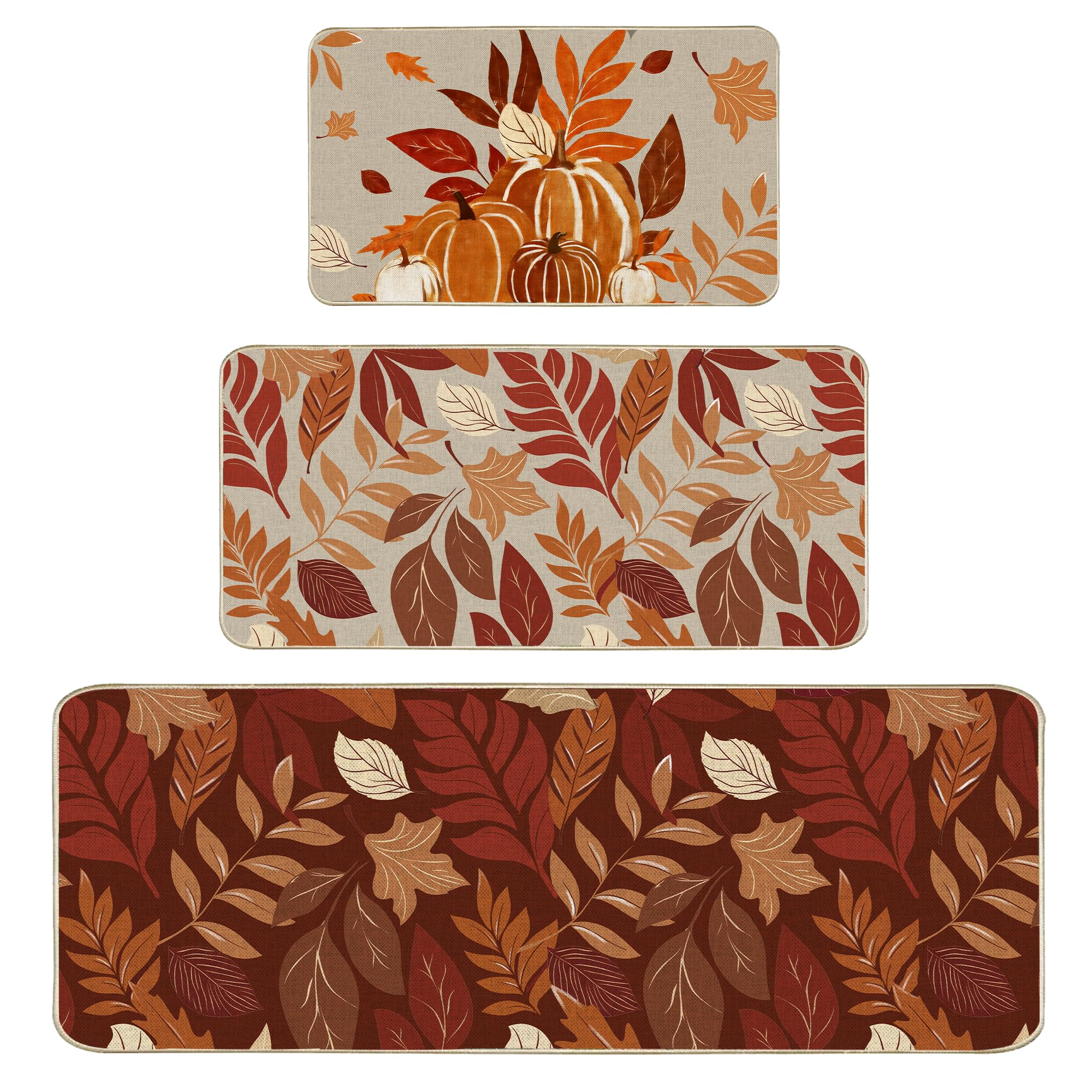 3 Pcs Fall Harvest Kitchen Rugs, Watercolor Pumpkin & Maple Leaf Farmhouse Home Decor Floor Mats, Non Slip Rubber Back Washable Burlap Rug Set 17×29,17×36,17×47 Inch for Thanksgiving Kitchen Decor