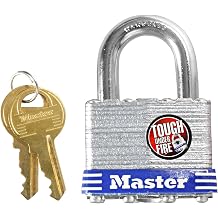 Master Lock Keyed Padlock, Body Width 1.7 inches 44 mm, Height Inside Diameter 0.9 inches 24 mm, Laminated Steel, Security 1JAD