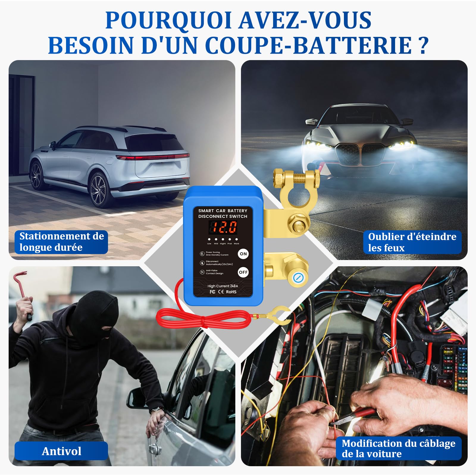 Coupe Circuit Batterie 12V, Coupe Circuit, Disjoncteur de Batterie Télécommandé Sans Fil, Interrupteur D'arrêt Automatique avec Affichage LED pour Voiture, Camping-Car, ATV, Bateau (Blue)