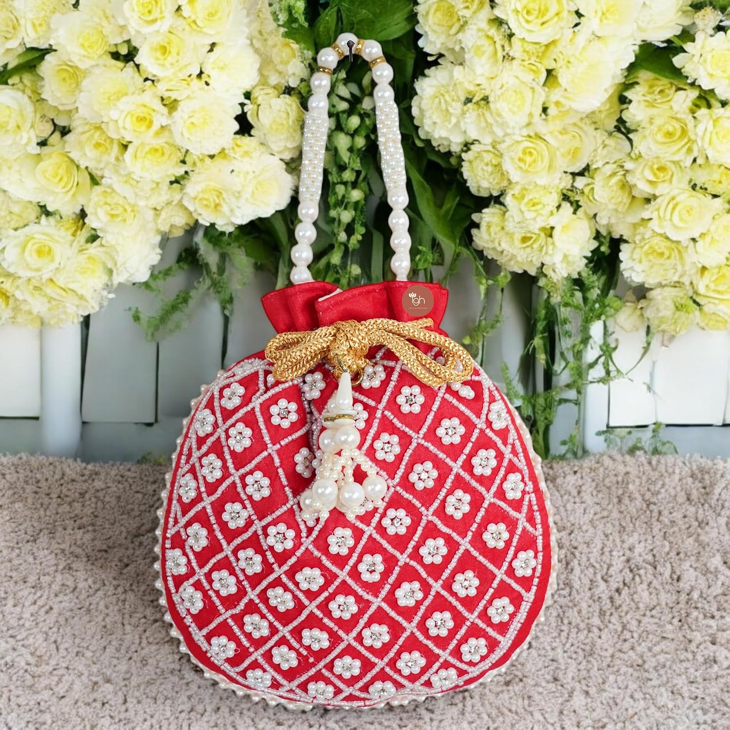 IGH Women’s Beaded Pearl Potli Bag – Traditional Silk Bridal Pouch for Weddings, Parties, Return Gifts & Festive Wear