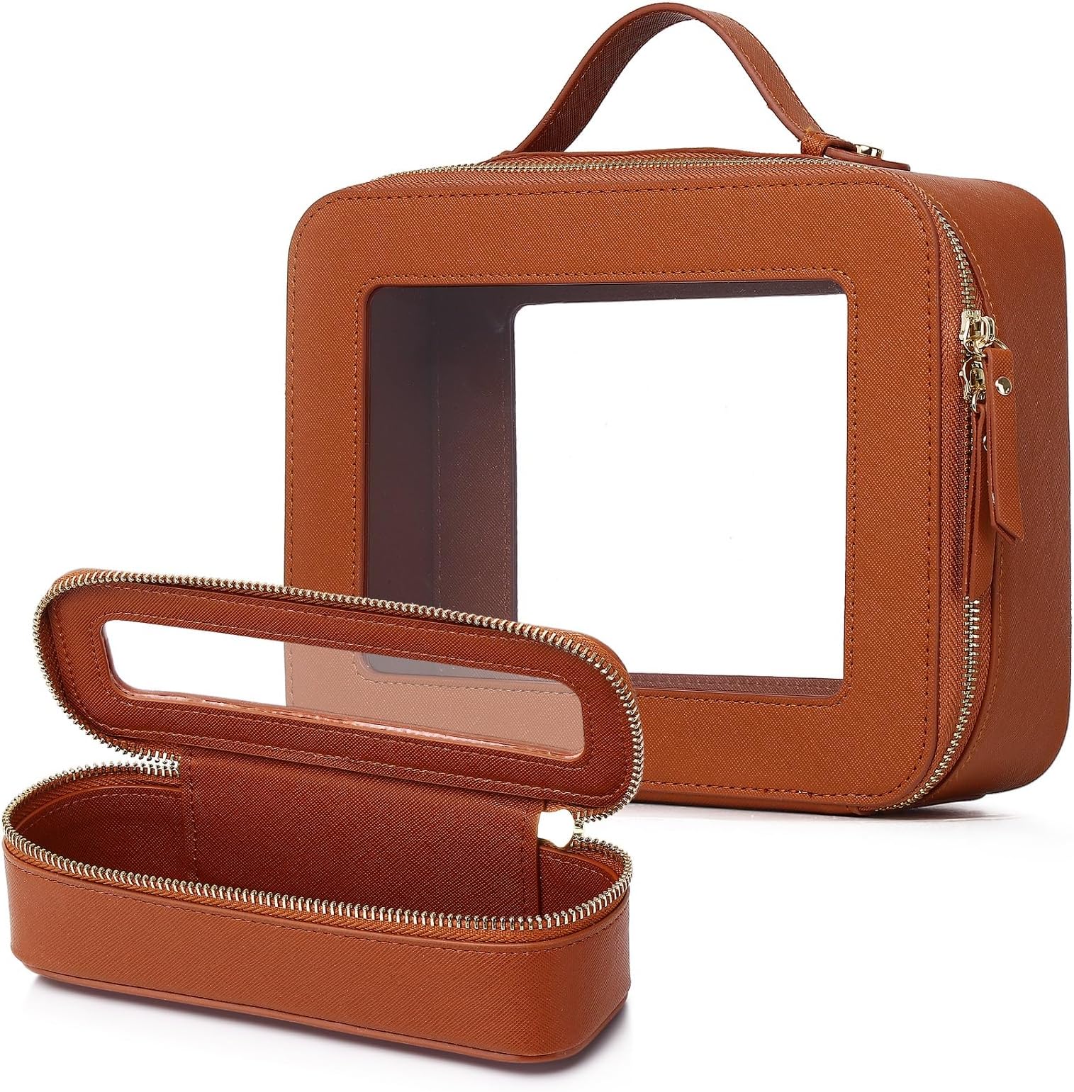 Clear Travel Makeup Bag with Brush Bag Portable Transparent Cosmetic Bag and Toiletry Bag Waterproof Clear Makeup Bag with Zipper Car Bag for Women (Brown, L+Slim)