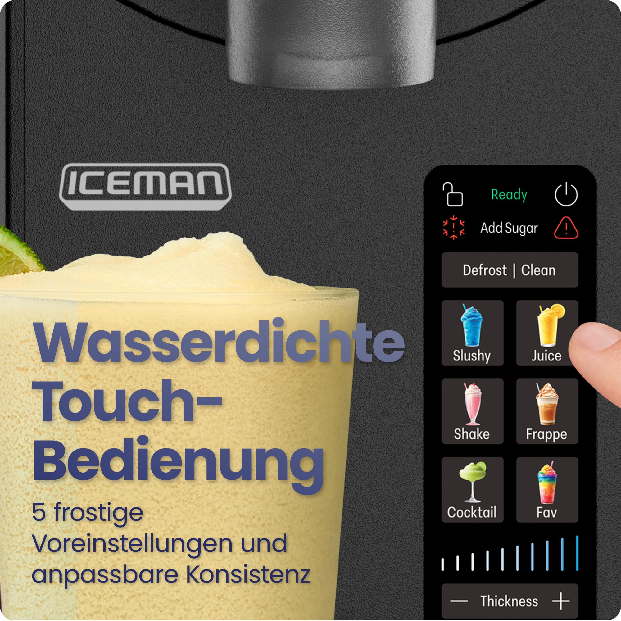 Iceman 1,9L Slushie-Maschine, 5 Voreinstellungen, kein Eis & kein Mixen | für Margaritas, Frappes & Shakes, Touchscreen, einfacher Dosierhebel, Schwarz