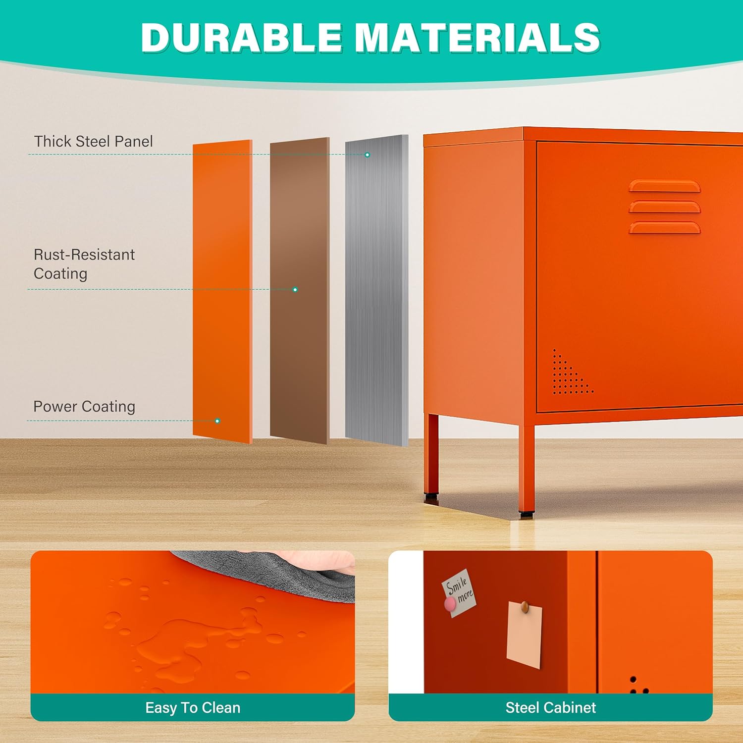 SISESOL Orange Metal Storage Cabinet with Doors and Shelves,2 Door Wide Metal Locker Accent Storage Cabinet with Leg & Vent Hole,Wide TV Cabinets,Low Side Cupboard for Home,Office,Dining/Living Room