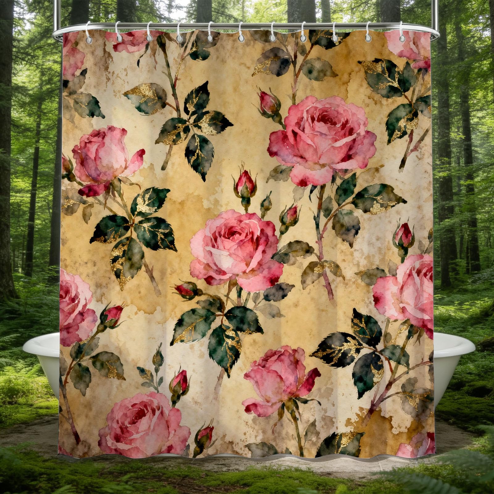 Hongduo 3D Watercolor Rose Shower Curtain for Stalls Bathtubs Shabby Chic Bathroom Decor Shower Curtain Set Polyester Fabric Waterproof 180x180cm/71X71 Inch with Hooks