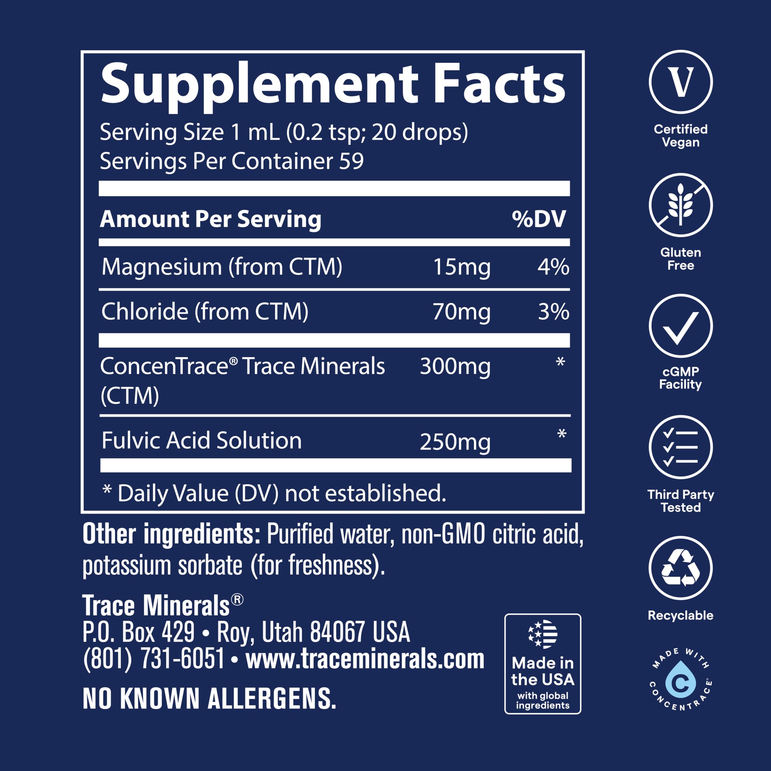 Trace Minerals Fulvic Acid | Flüssige Ionische Fulvinsäure | 250 mg | Darm, Verdauung, Haut, Gehirn | Mineralstoffe Komplex 72+ Mineralien und Spurenelemente, PH-Balance, Muskelausdauer, Hydratation
