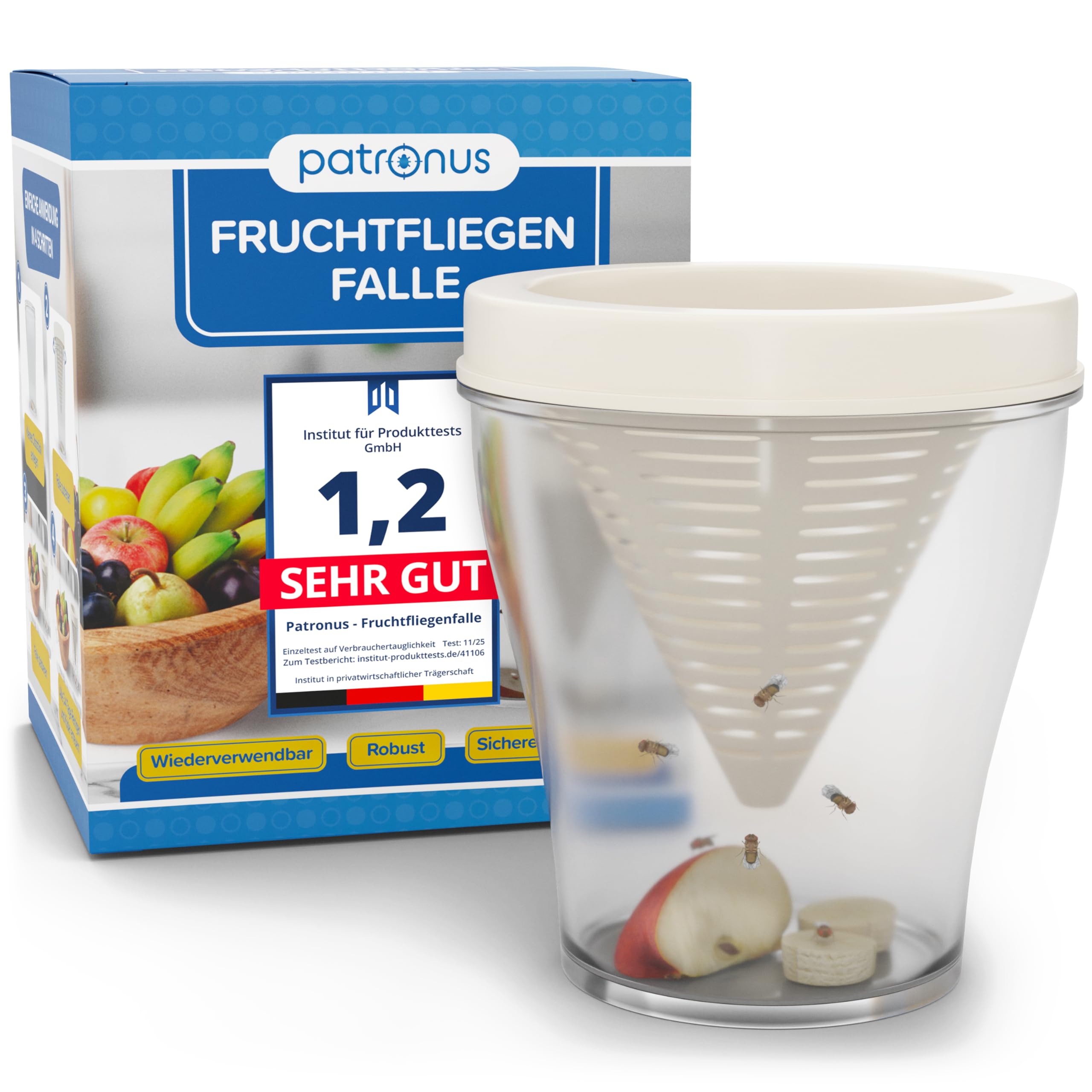Patronus Fruchtfliegenfalle für Küche - 1x Wiederverwendbare Fruchtfliegen Lebendfalle zum Fruchtfliegen dauerhaft loswerden, spülmaschinengeeignete Fruit Fly Trap, robuste Obstfliegenfalle Küche