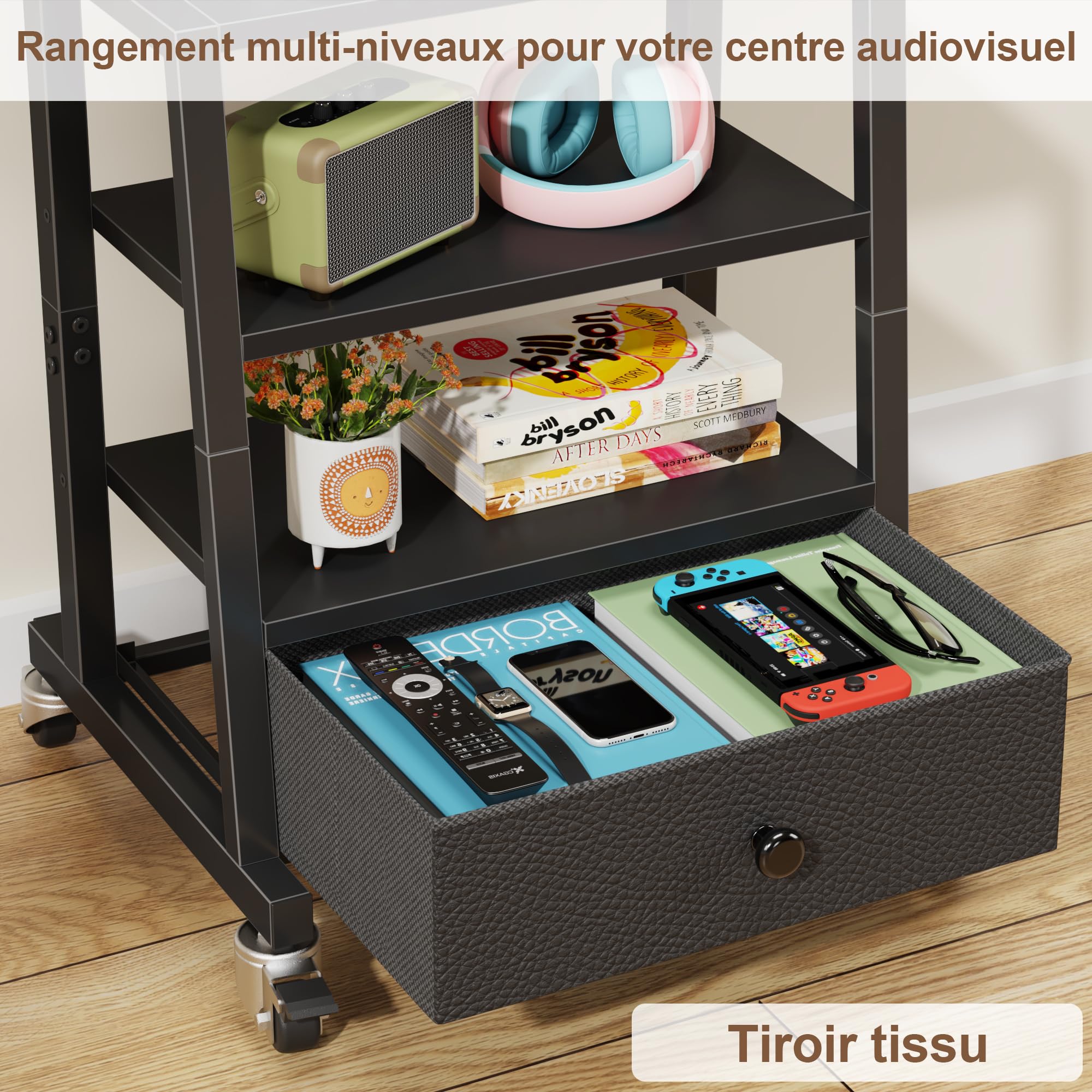 Support TV sur Pieds Support TV roulettes 32-60" VESA 400x400, Noir | Tiroir Tissu, Rangement Étagère, Hauteur Réglable, Charge 40kg, Facile à Assembler, Salon/Chambre/Bureau