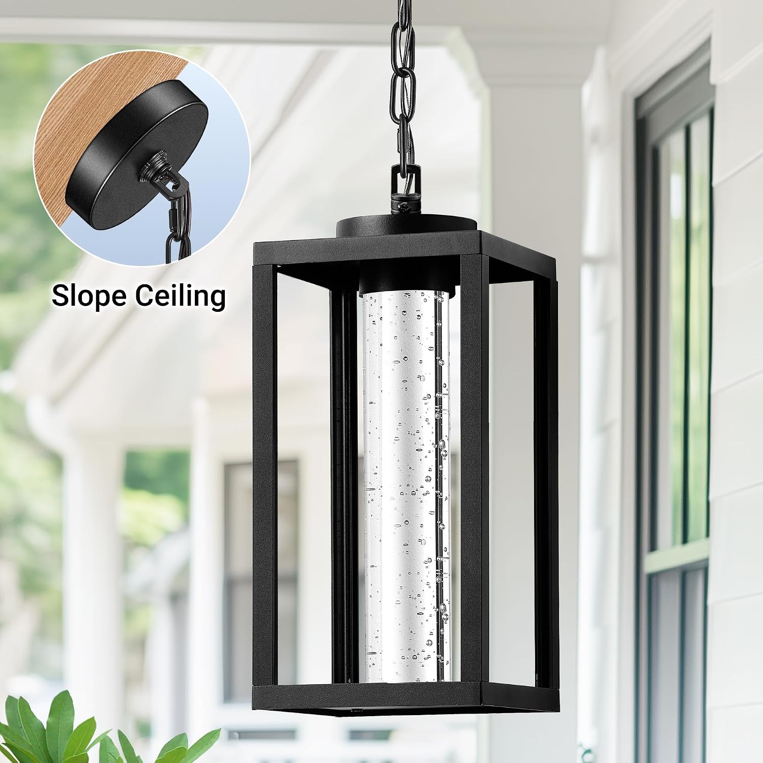 VIANIS Large Outdoor Pendant Light with Adjustable Chain, Aluminum Exterior Hanging Light Fixture, Waterproof Built-in Integrated LED Hanging Porch Lights, Black Outdoor Pendant Lights for Porch, Home
