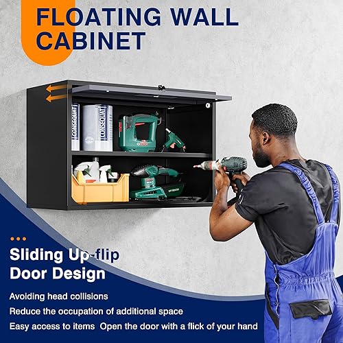 Vista 62 de Yizosh Armario de garaje de metal con puertas, armario de almacenamiento montado en la pared, gabinete de herramientas flotante para sótano, cocina