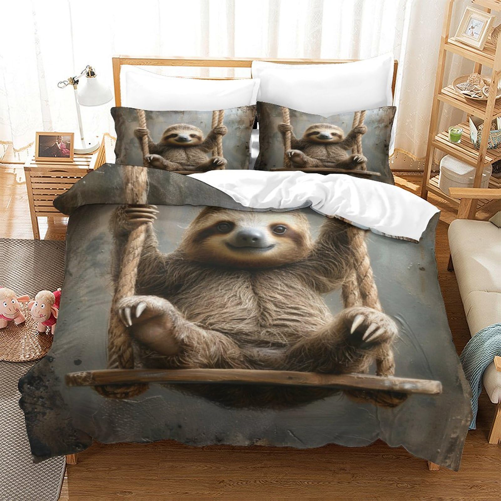 P1S9U7W5Y 3D Printed Cartoon Sloth Duvet Cover Set 3pcs Microfiber Cosy Animal Bedding Set Double（200x200cm）