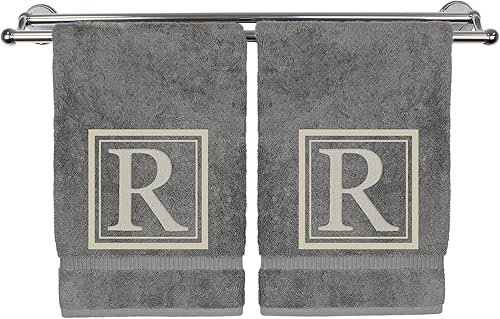 Miniatura 120 de Monogrammed Hand Towel, 16 x 30 Inches Set of 2, Personalized Gift- White Letter Embroidered with Square Design on Black Towel - Extra Absorbent