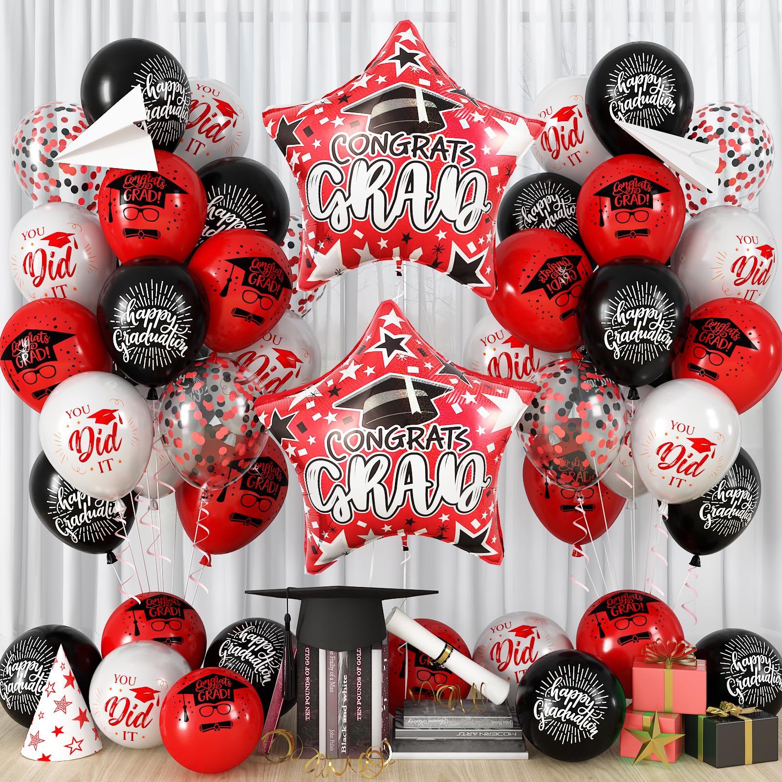 Photo 1 of Graduation Party Decorations Balloons, Red and Black Congrats Grad Star Latex Foil Confetti Balloons Happy Graduation Balloon for Class of 2026 College High School Congratulations Graduate Party Decor