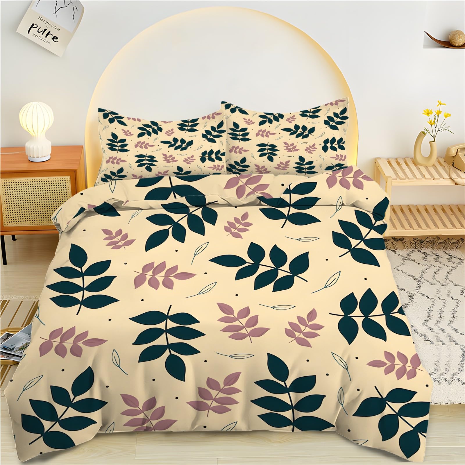 Housse de couette 200x200 microfibre kaki parure de lit 2 personnes feuilles noires avec zip