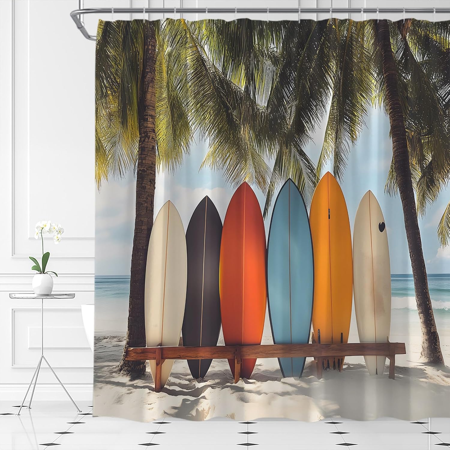 Ocean Beach Surfboard Shower Curtain Tropical Palm Tree Retro Summer Surfing Seaside Hawaii Coastal Nature Bathroom Curtain Fabric with Hooks(70" Wx84 H)