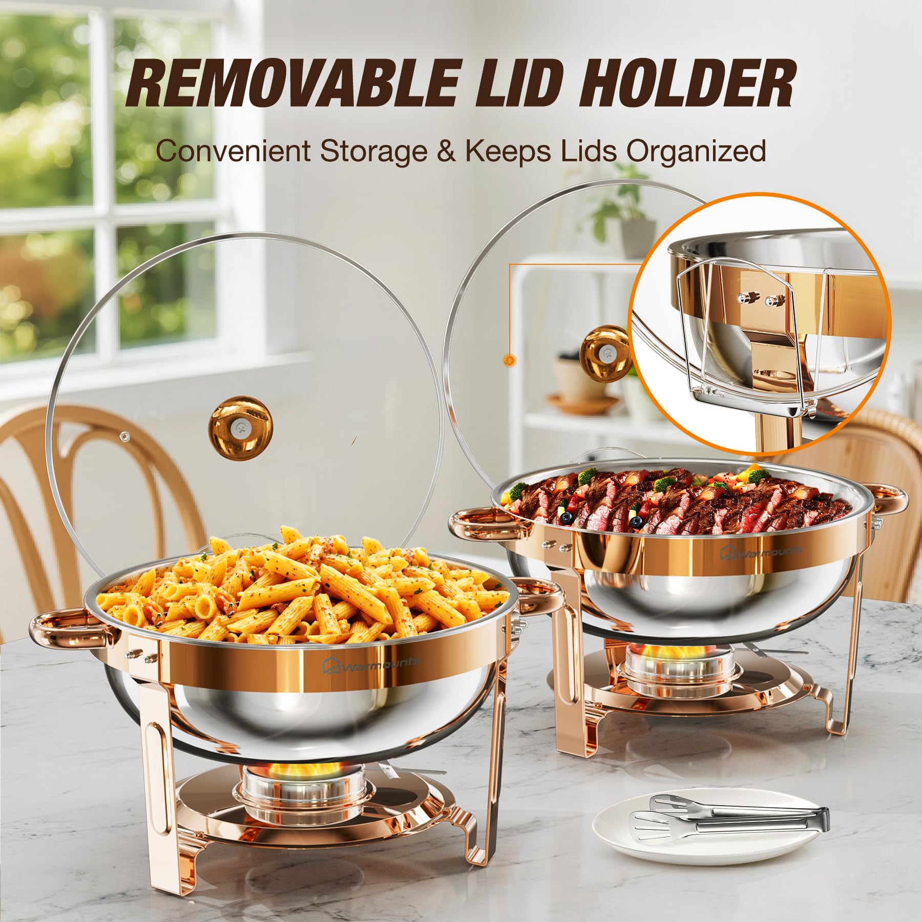 WARMOUNTS Bandeja de plato de oro rosa con tapa de cristal, 5 L