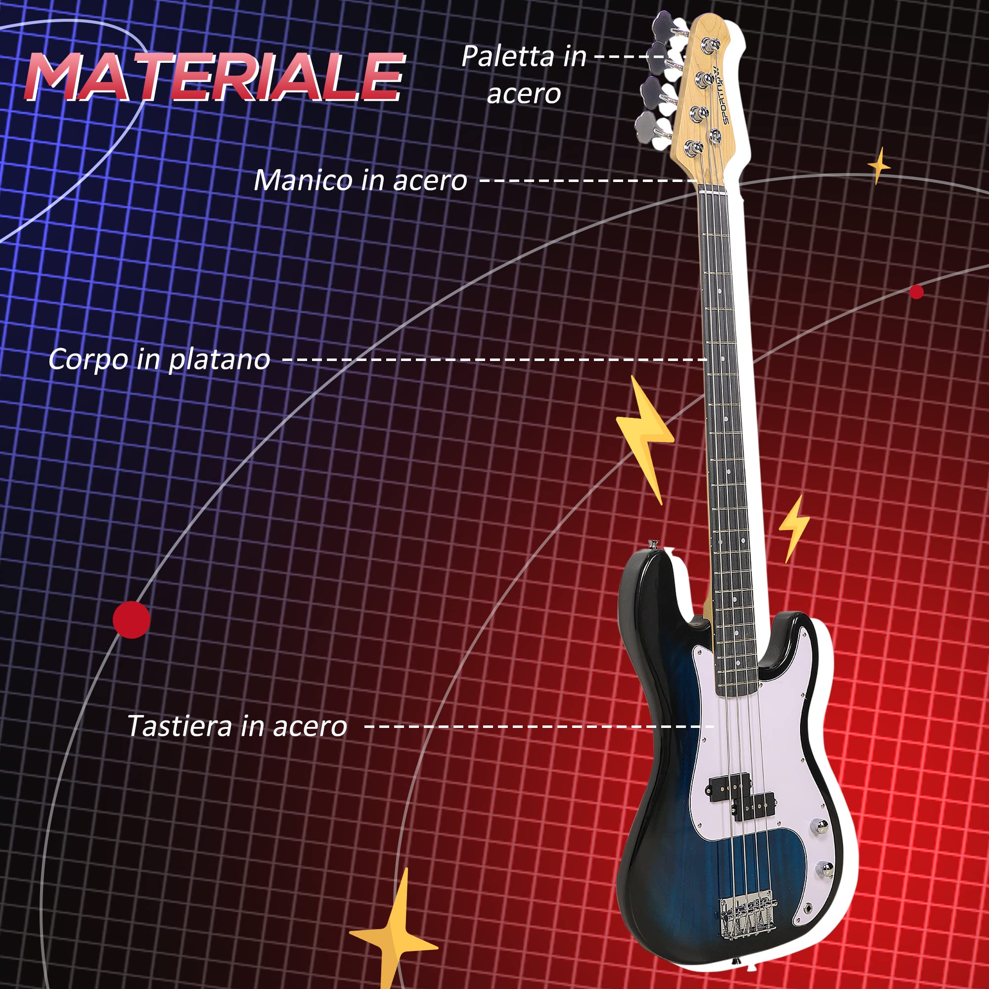 SPORTNOW Chitarra Basso Elettrico 4 Corde con Amplificatore 15W, Borsa, Tracolla, Blu Scuro