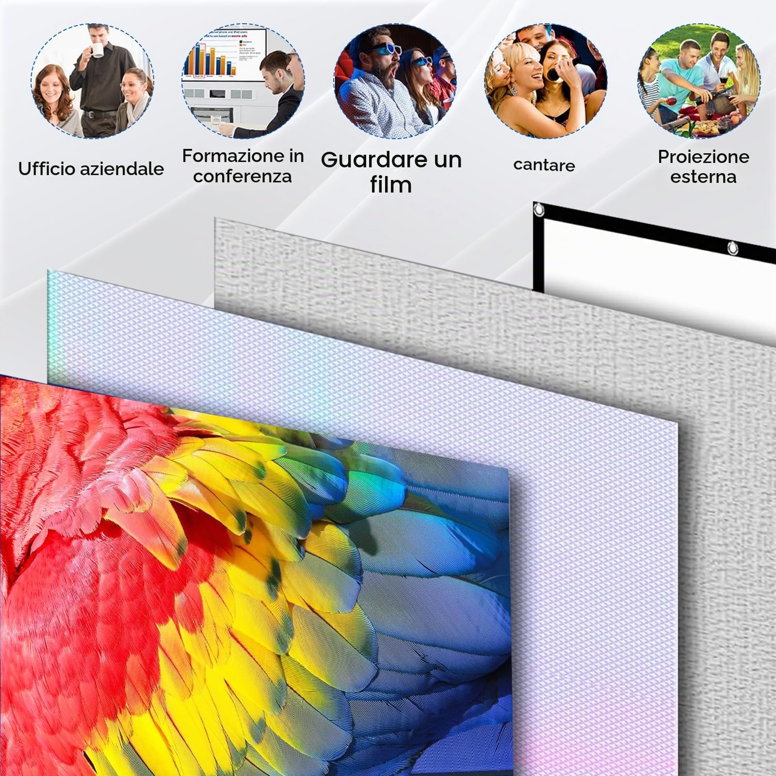 Tela per proiettore da 100 pollici: 16:9 HD 4K Proiettore su tela senza pieghe, pieghevole, portatile, lavabile con ganci e corde per casa, ufficio, scuola e attività all'aperto