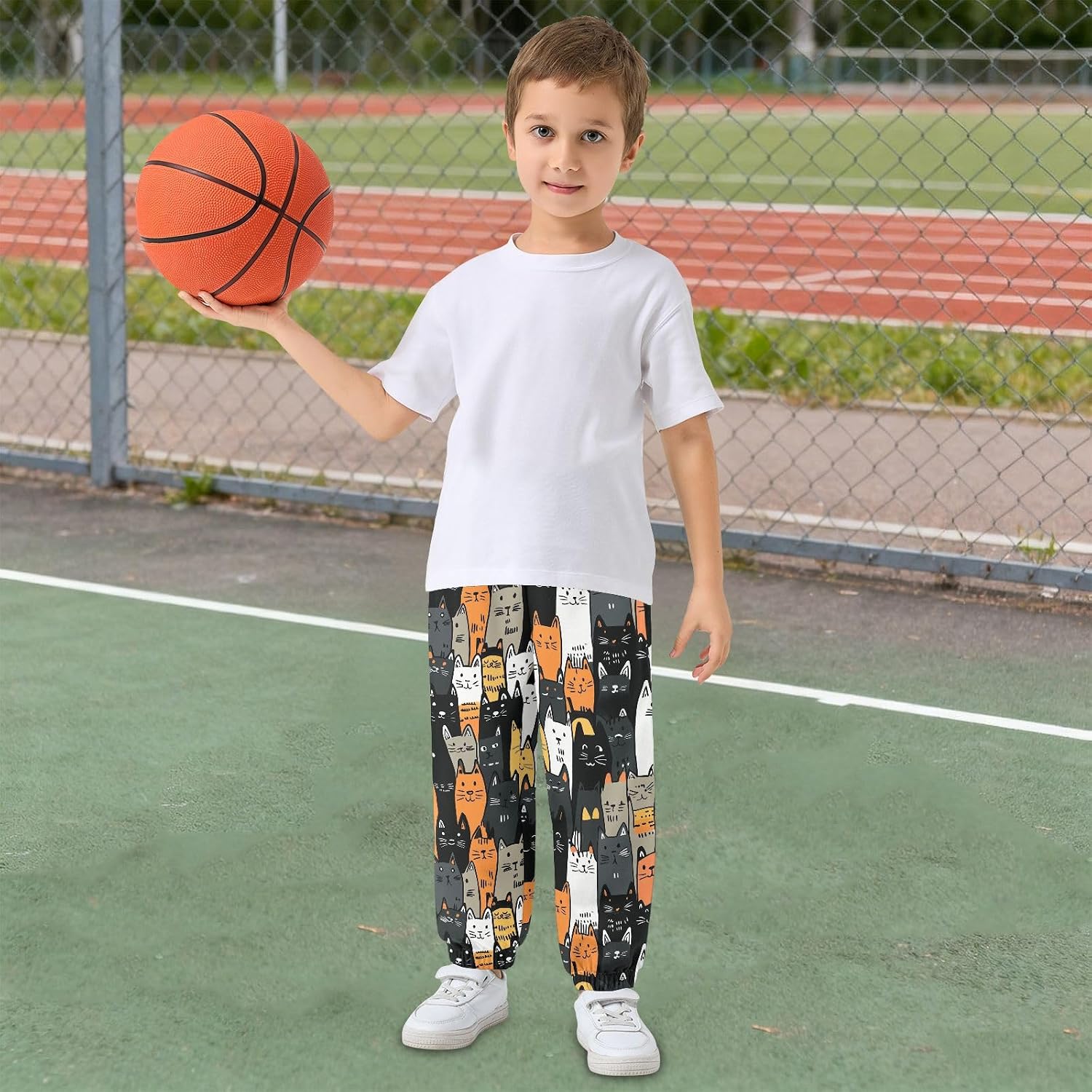Boy Sweatpants Doodle Cat Animal Joggers Casual Athletic Pants Kids Elastic Waist Cuffed with Pockets