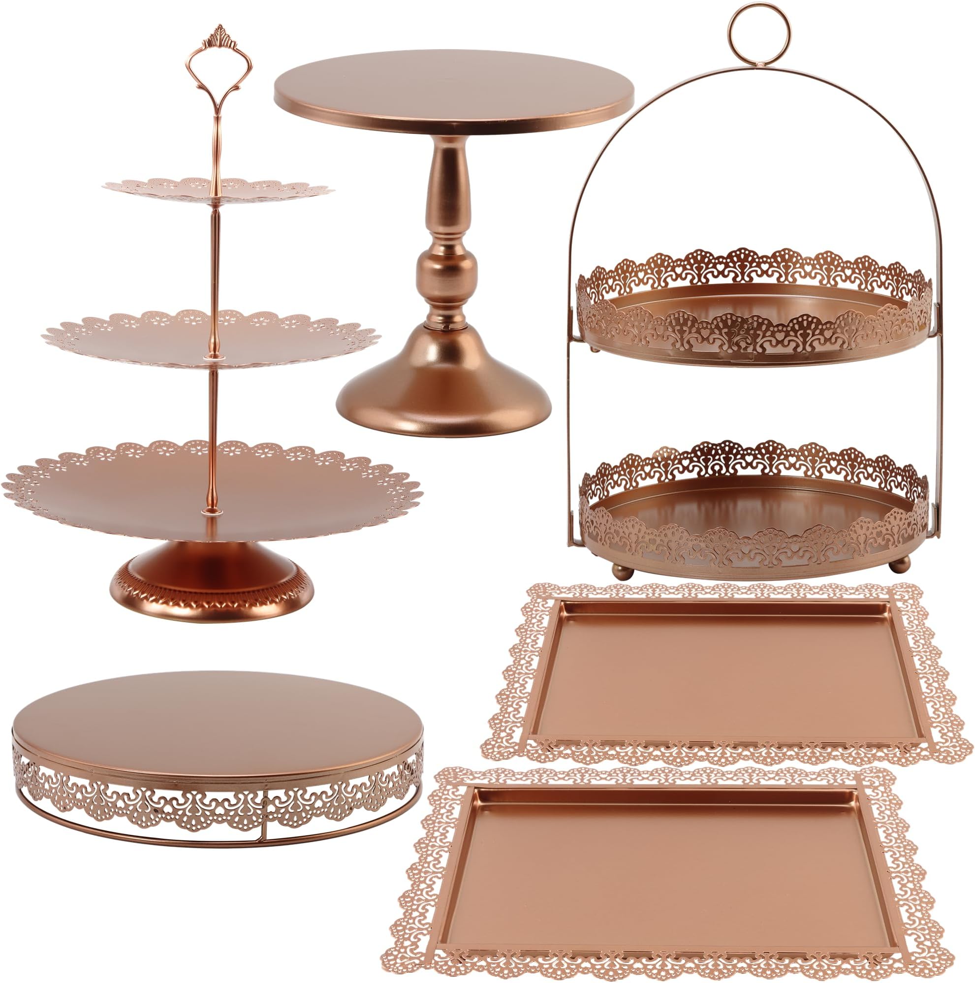 6 Pcs Rose Gold Cake Stands Set, QENUIITEA Cake Display Pedestal Tiered Cupcake Holder Dessert Plate Serving Tower Tray Decorative for Wedding Birthday Party Baby Shower Celebration