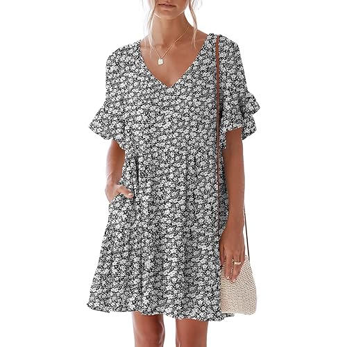nclook Women's Summer Casual Dress Sweet & Cute V-Neck Mini Dress with Pocket Short Sleevele Ruffle Dress