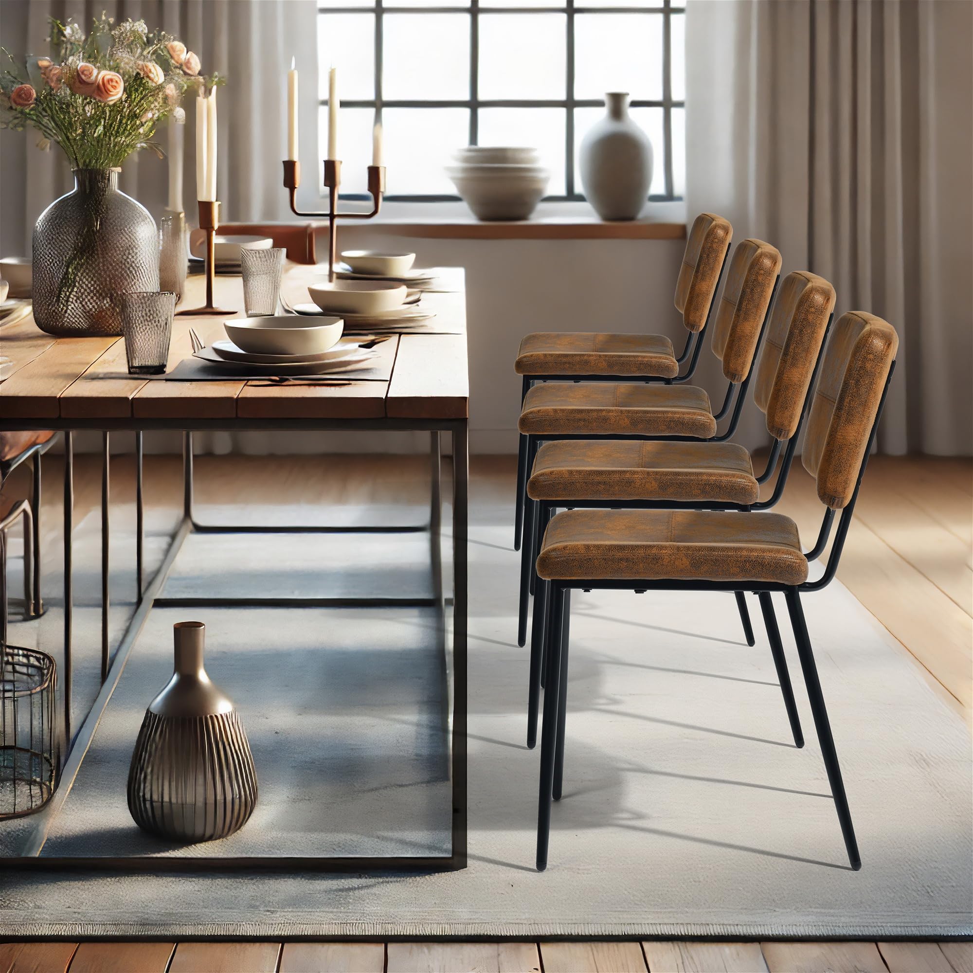 MEUBLE COSY Set di 4 Sedie da Pranzo Imbottito con Schienale Senza Braccioli in Pelle Scamosciata Gambe in Metallo per Cucina Sala Soggiorno Ufficio, Marrone