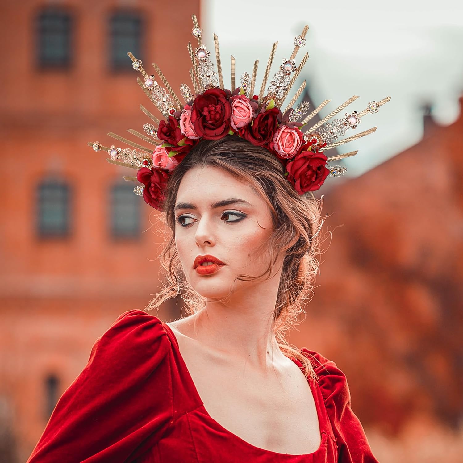 Handmade Rose Halo Crown - Fantasy Renfaire Red and Pink Flower Headpiece with Crystal Spiked Greek Goddess Headband for Women Fairy Elf Hair Hoop Cosplay Renaissance Halloween Wedding
