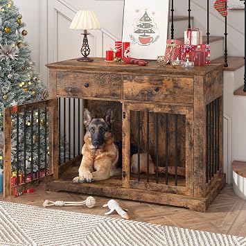 PRETZI Dog Crate Furniture, 44 Inch Wooden Dog Kennel Indoor with 2 Storage Drawers, Heavy Duty Large Crate Furniture, Rustic Style Decorative End Table Cage for Small/Medium/Large Brown