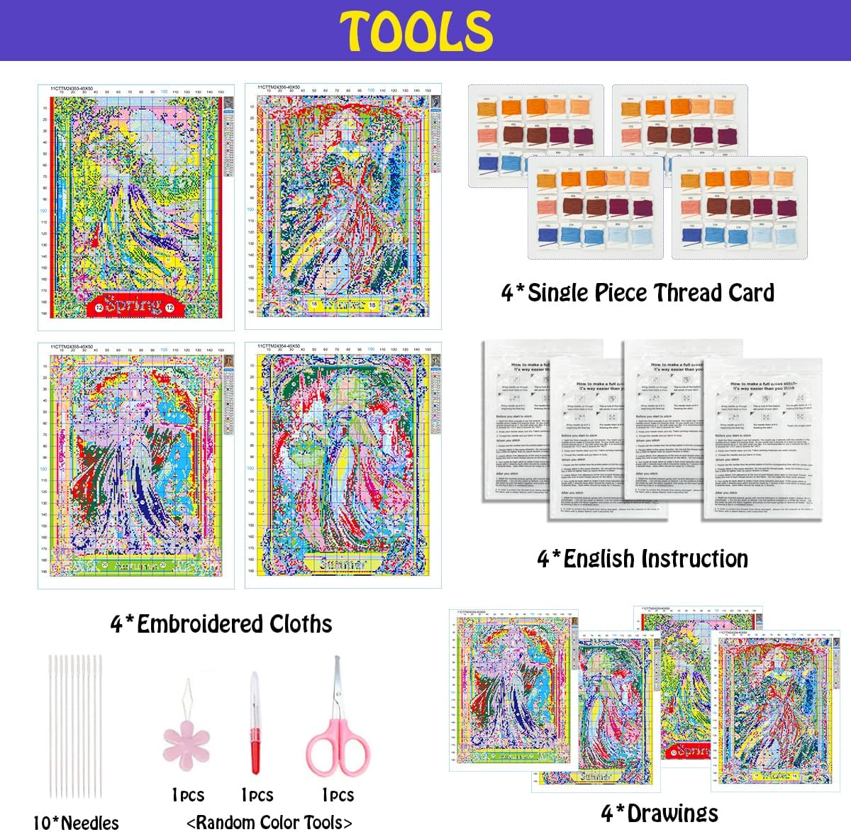 4 Pack Four Seasons Beautiful Woman Stamped Cross Stitch Kits-Lady Embroidery Kits for Beginners Adults,11 CT Patterns Dimensions Counted Cross Stitch Kits Arts Craft Kits 12x20inch