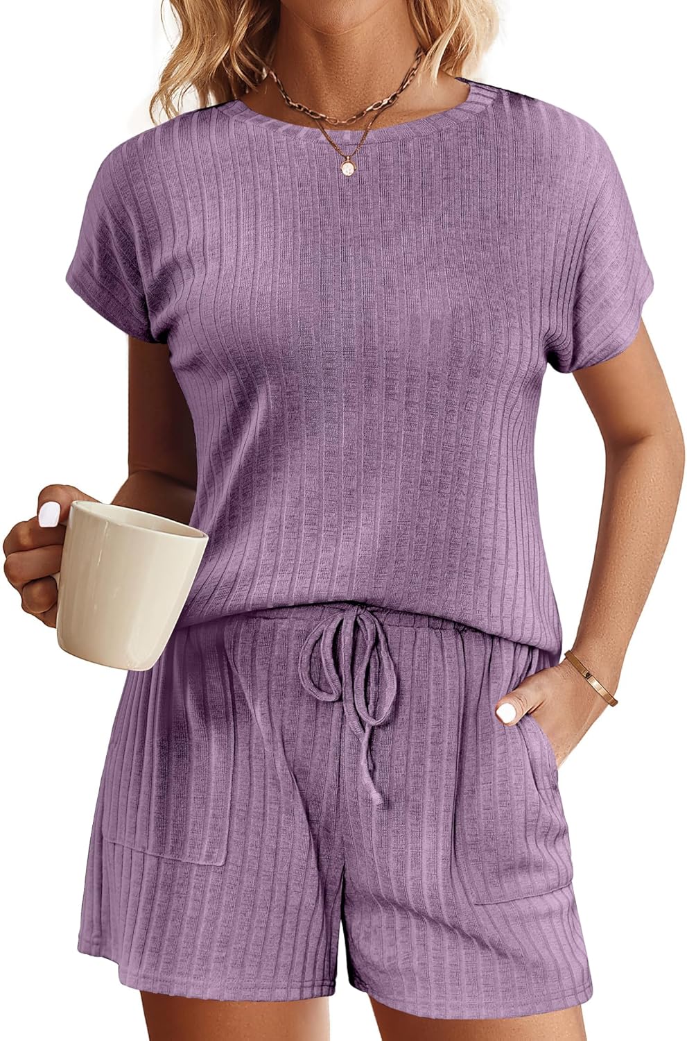 Ekouaer Pajamas Set for Women 2 Piece Pjs Ribbed Knit Lounge Set Cap Sleeve Loungewear Sleepwear S-XXL