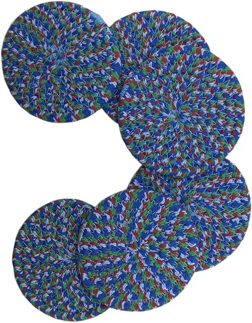 Absorbent Coasters for Drinks Set of 6, Woven Coaster Set, Soft Washable Drink Coasters,Small Cute Braided Placemats (sea blue with red)