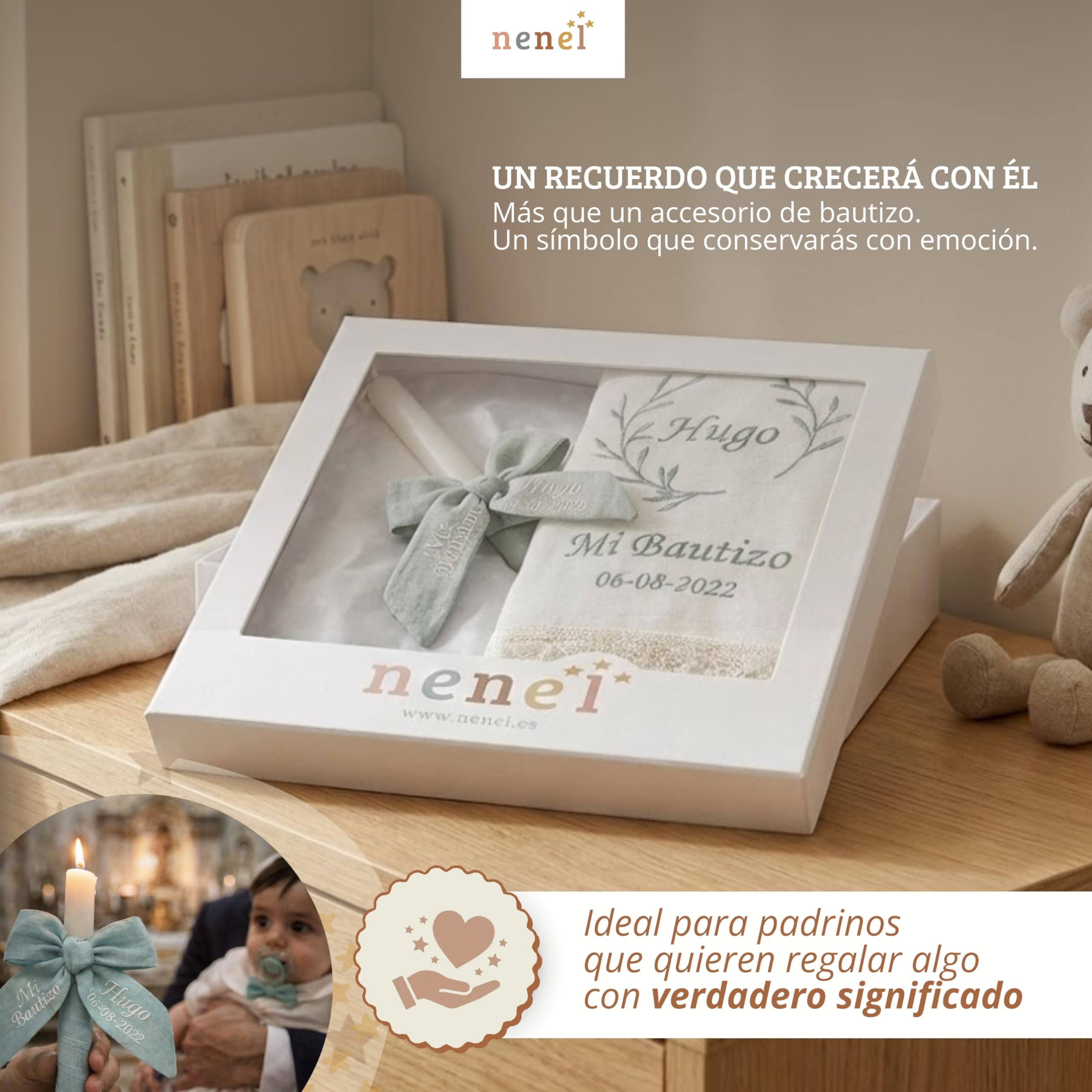 Nenel | Kit de Bautizo Personalizado con Vela y Paño Bordado en Lino Natural – Bambula Verde Menta – Regalo Recuerdo Original Bautismo – Cirio y Toalla Bautismal con Nombre y Fecha