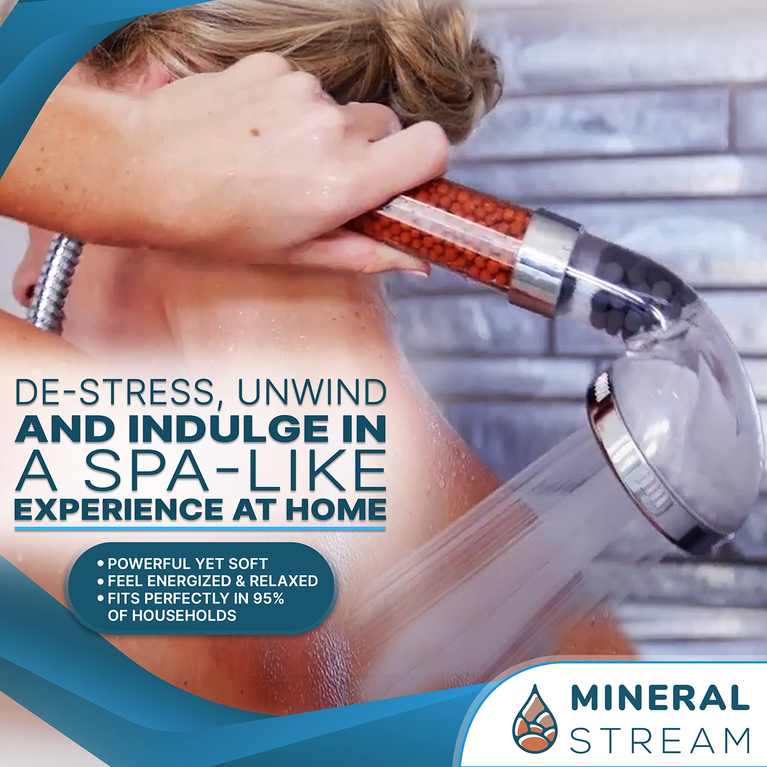 Mineral Stream - Kit completo di soffione ionico con perline di ricambio + tubo + supporto doccia e deviatore a braccio, 3 impostazioni ad alta pressione a risparmio idrico per capelli secchi e pelle