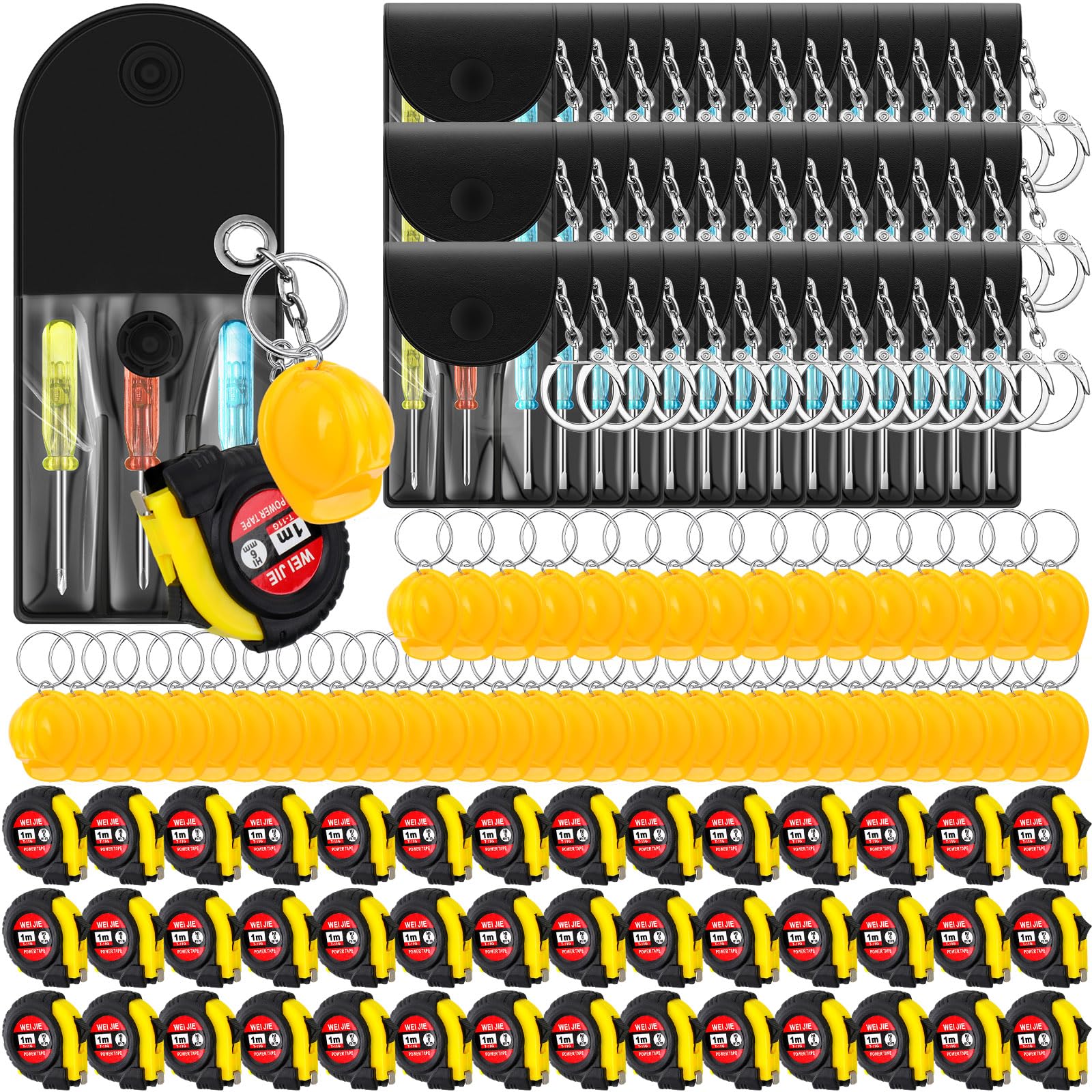 Jutom Mini Construction Helmet Keychains Tape Measure Screwdriver Bulk Valentine's Day Gifts for Men Adult Tool Party Gifts(126 Pcs)